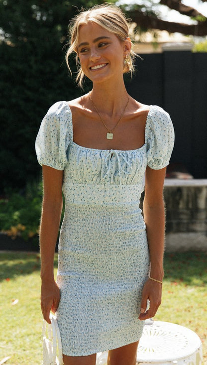 Damen Minikleid Puffärmel Raffung Eveloria