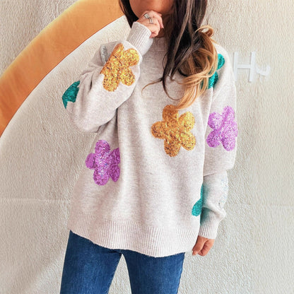 Damen Pullover Bunte Paillettenblumen Eveloria