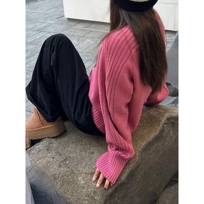 Damen Strickpullover Rundhalsausschnitt Rippbündchen Eveloria
