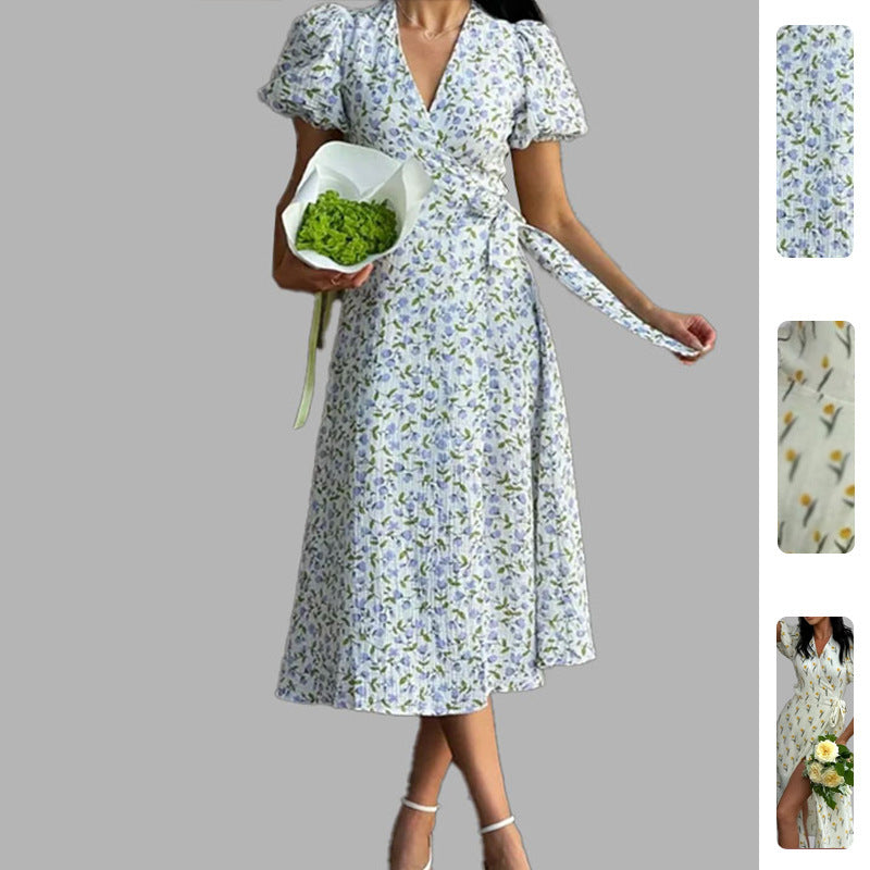 Damen Wickelkleid Voluminöse Puffärmel Floralmuster - Eveloria