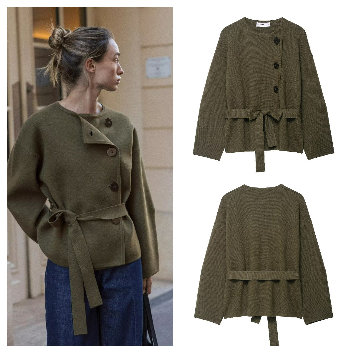 Damen Strickjacke mit Taillengürtel und Knöpfen Beige - Eveloria