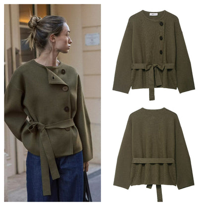 Damen Strickjacke mit Taillengürtel und Knöpfen Beige - Eveloria