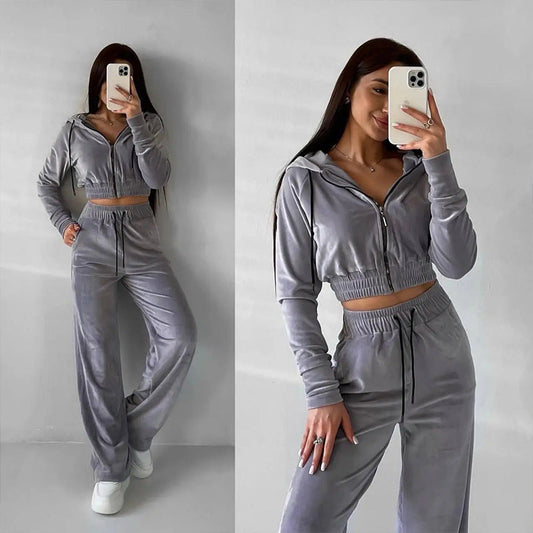 Damen Fleece-Set Cropped Oberteil Weite Hose - Eveloria