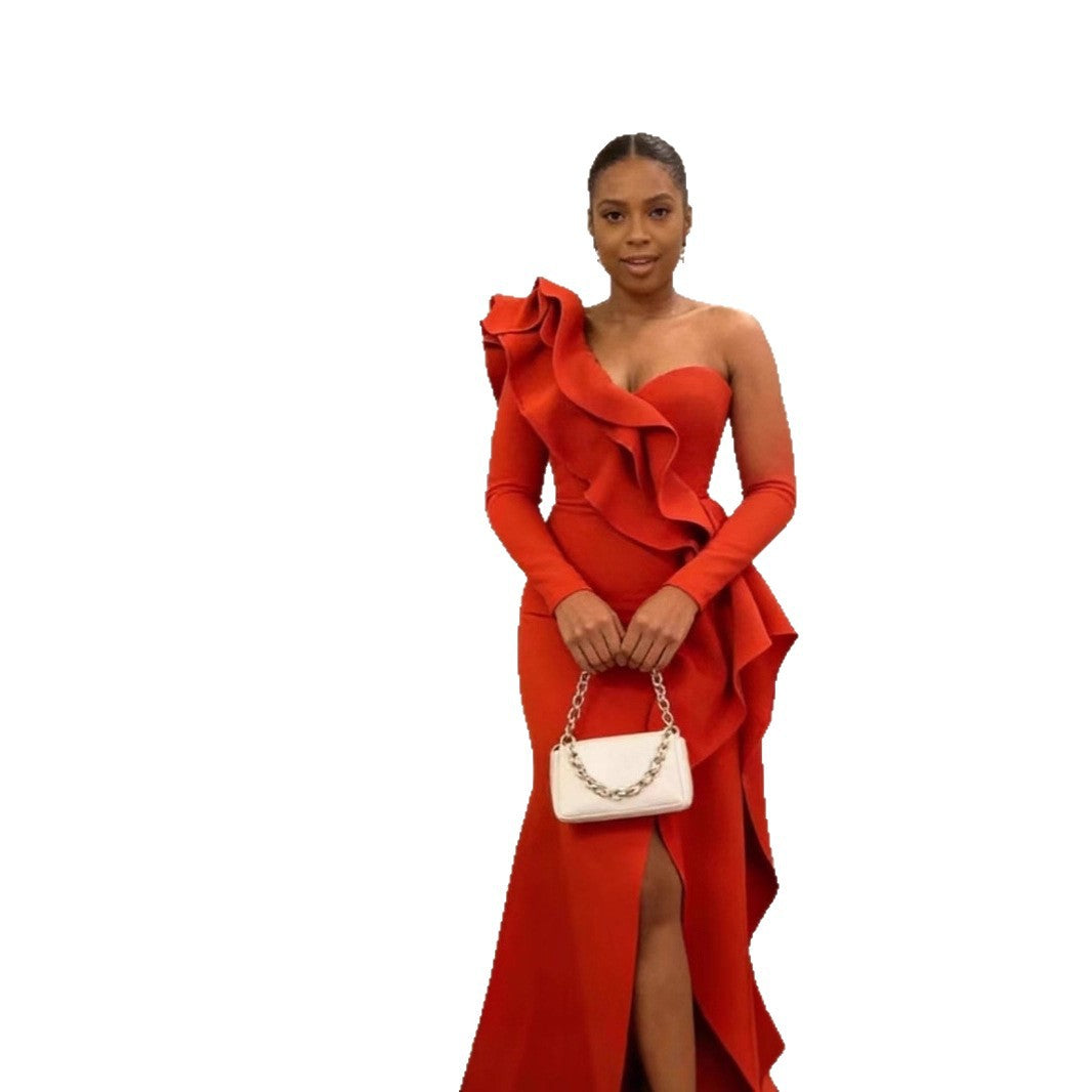 Damen Abendkleid Schulterfrei Rüschendetails Asymmetrisch Eveloria