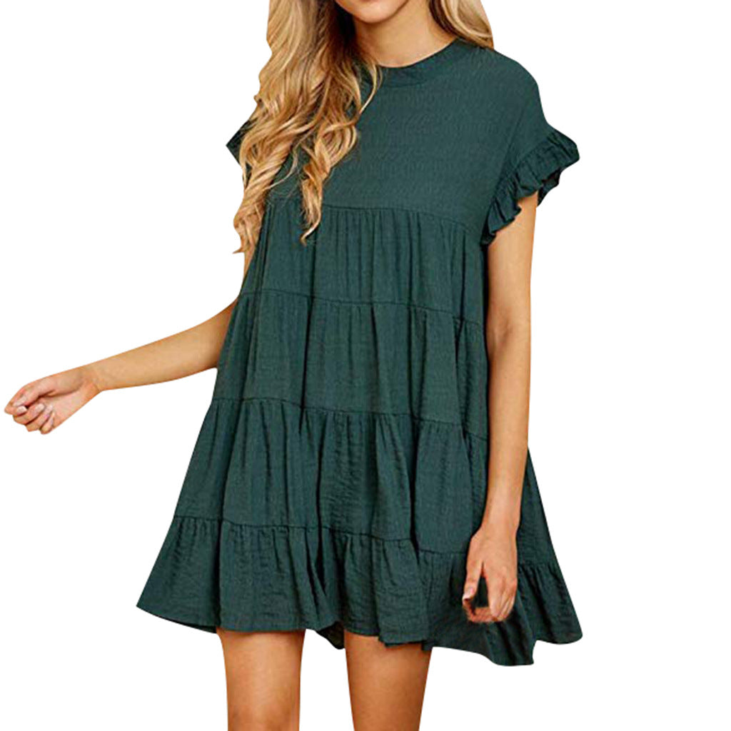Damen Kurzarm Kleid Rüschendetails Fließender Schnitt Luftig Pastell