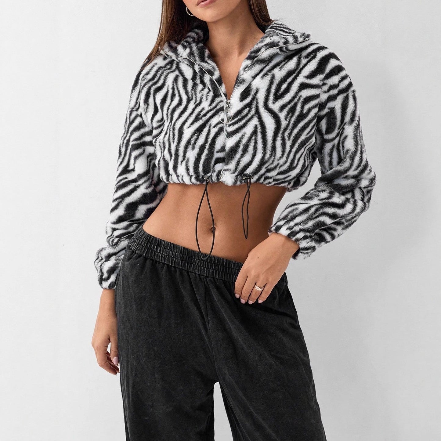 Damen Fleecejacke Cropped Zebra-Design Elastisch