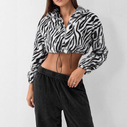Damen Fleecejacke Cropped Zebra-Design Elastisch