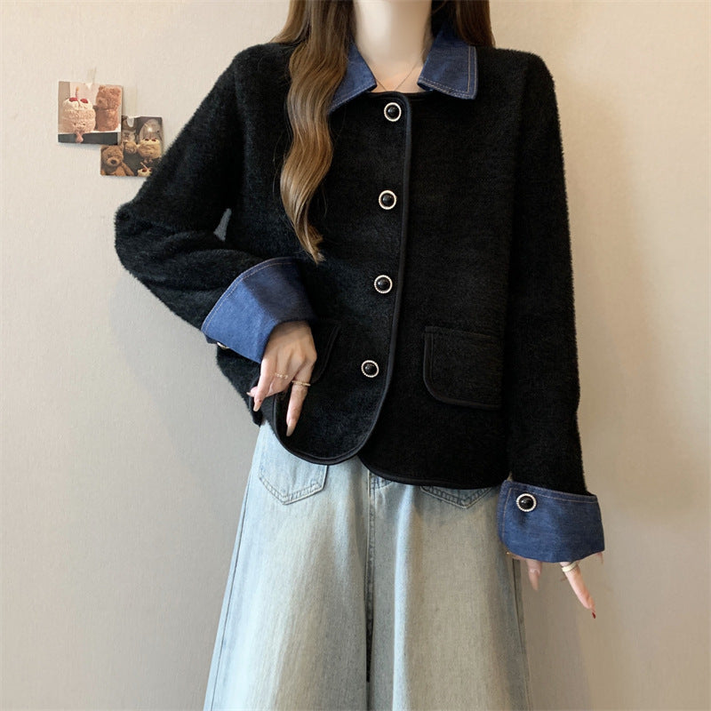 Damen Strickjacke mit Denim Ärmeln und Kontrastfarbe Eveloria - Eveloria