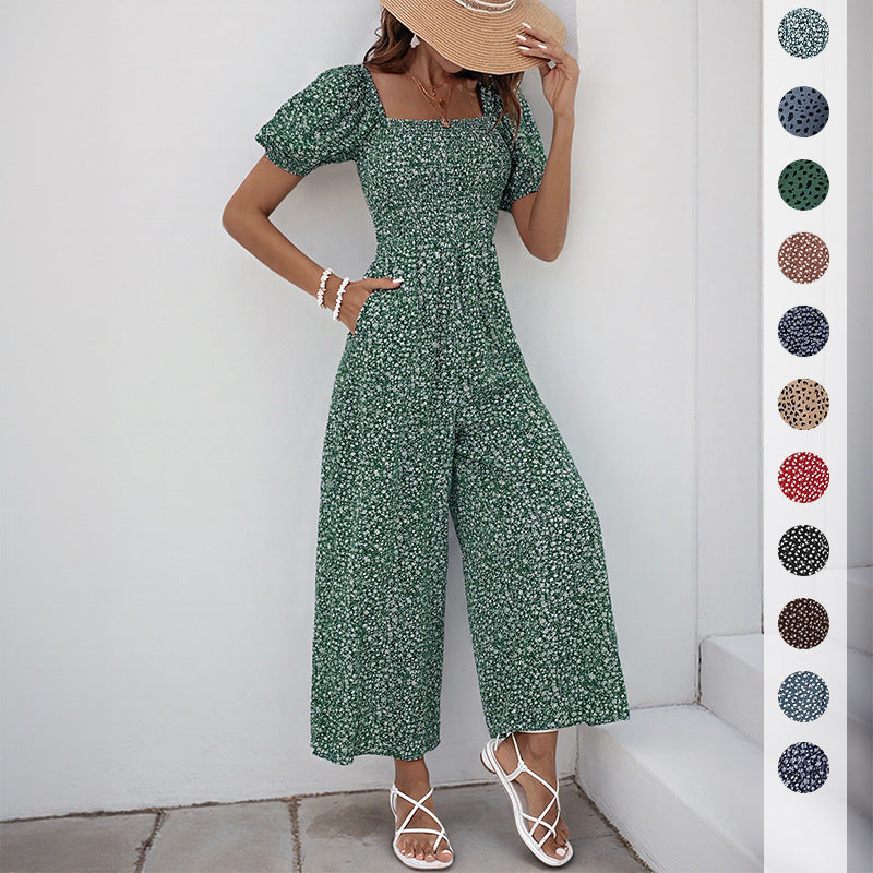 Damen Jumpsuit Elastischer Bund Puffärmel Schwarz Eveloria - Eveloria