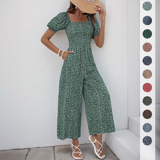 Damen Jumpsuit Elastischer Bund Puffärmel Schwarz Eveloria - Eveloria