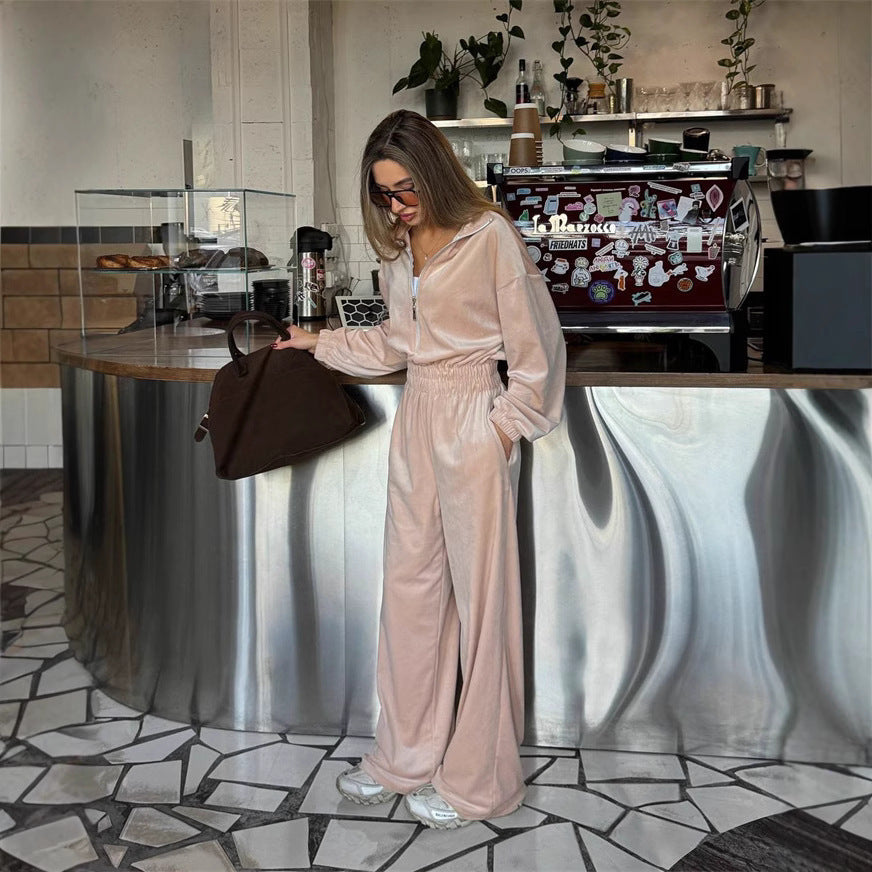 Damen Velours-Jumpsuit Hohler Kragen Locker