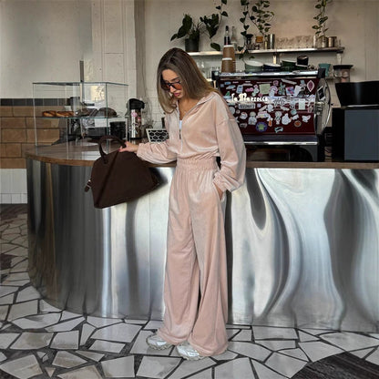 Damen Velours-Jumpsuit Hohler Kragen Locker