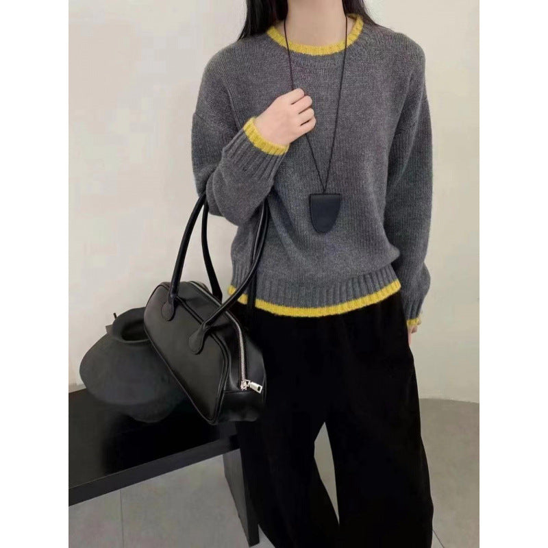 Damen Strickpullover Weich Kontrastbündchen