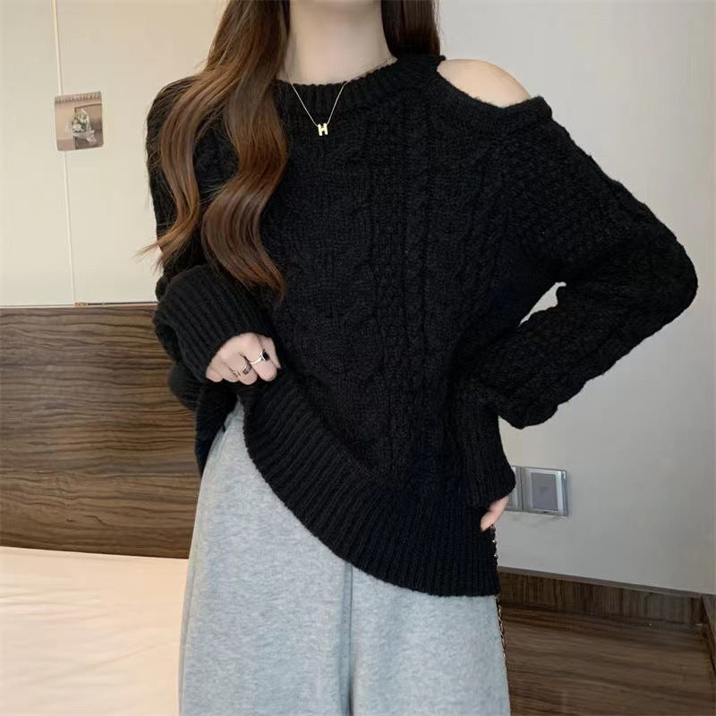 Damen Grobstrickpullover Asymmetrisch Zopfmuster Eveloria