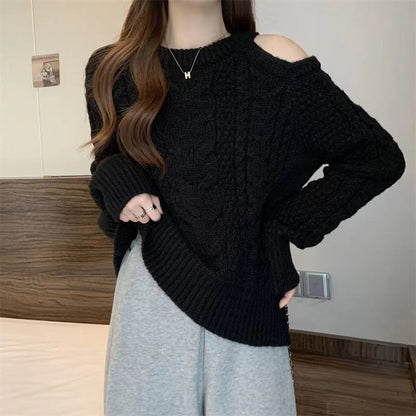 Damen Grobstrickpullover Asymmetrisch Zopfmuster Eveloria
