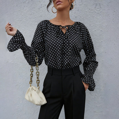 Damen Bluse Punktedesign Schnürung Eleganz