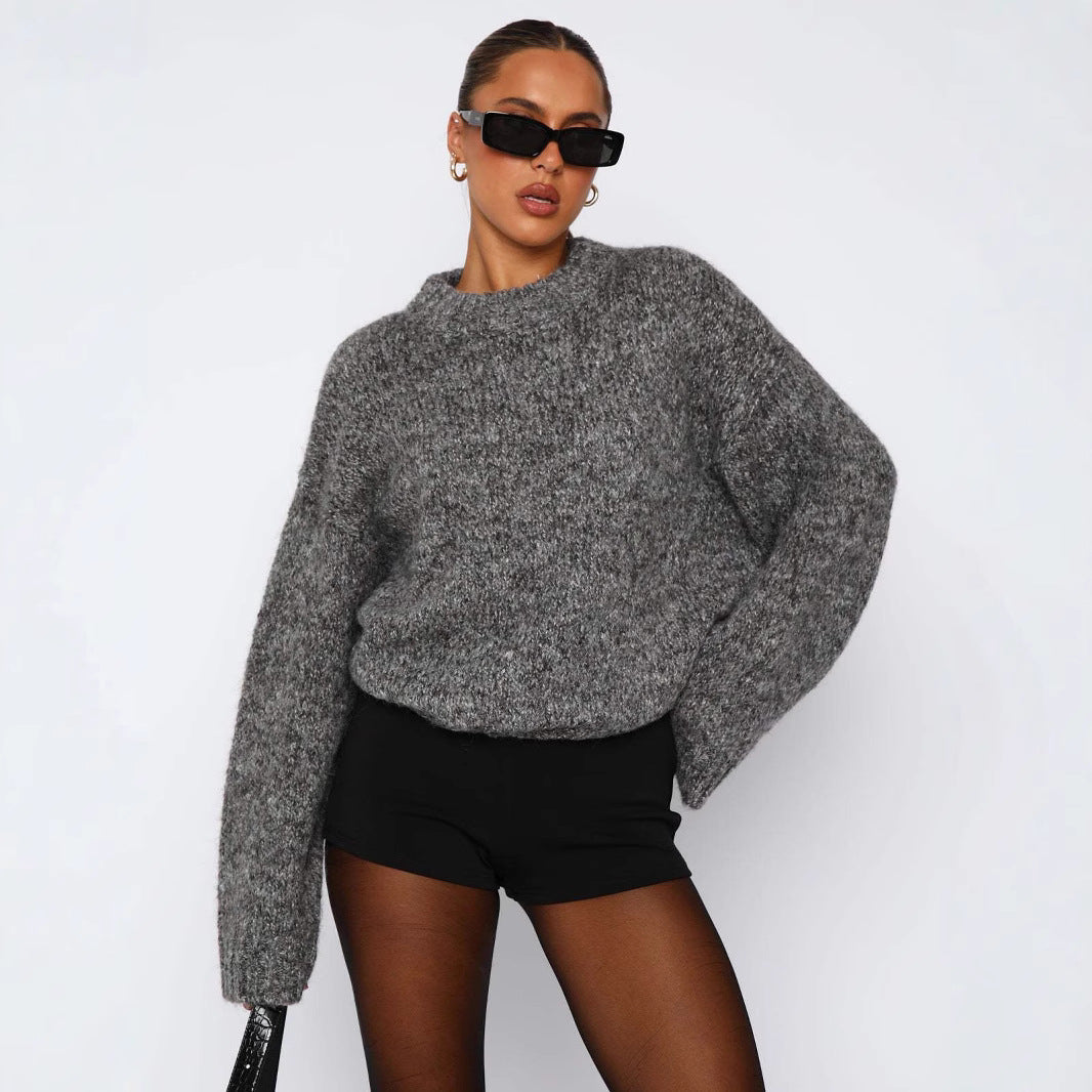 Damen Strickpullover Weich Rundkragen Lässig Beige