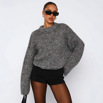 Damen Strickpullover Weich Rundkragen Lässig Beige
