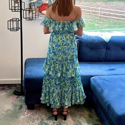 Damen Maxi-Kleid Voluminöse Rüschen Florales Design