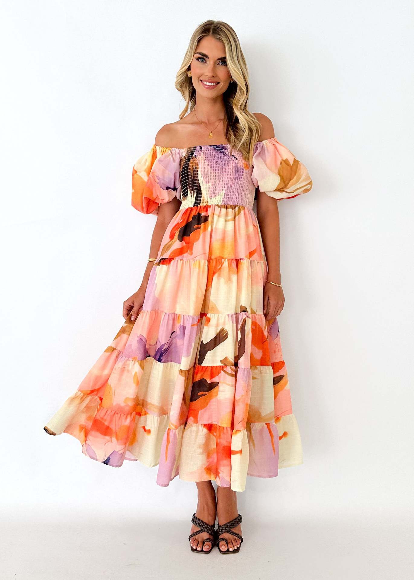 Damen Maxikleid Schulterfrei Puffärmel Eveloria