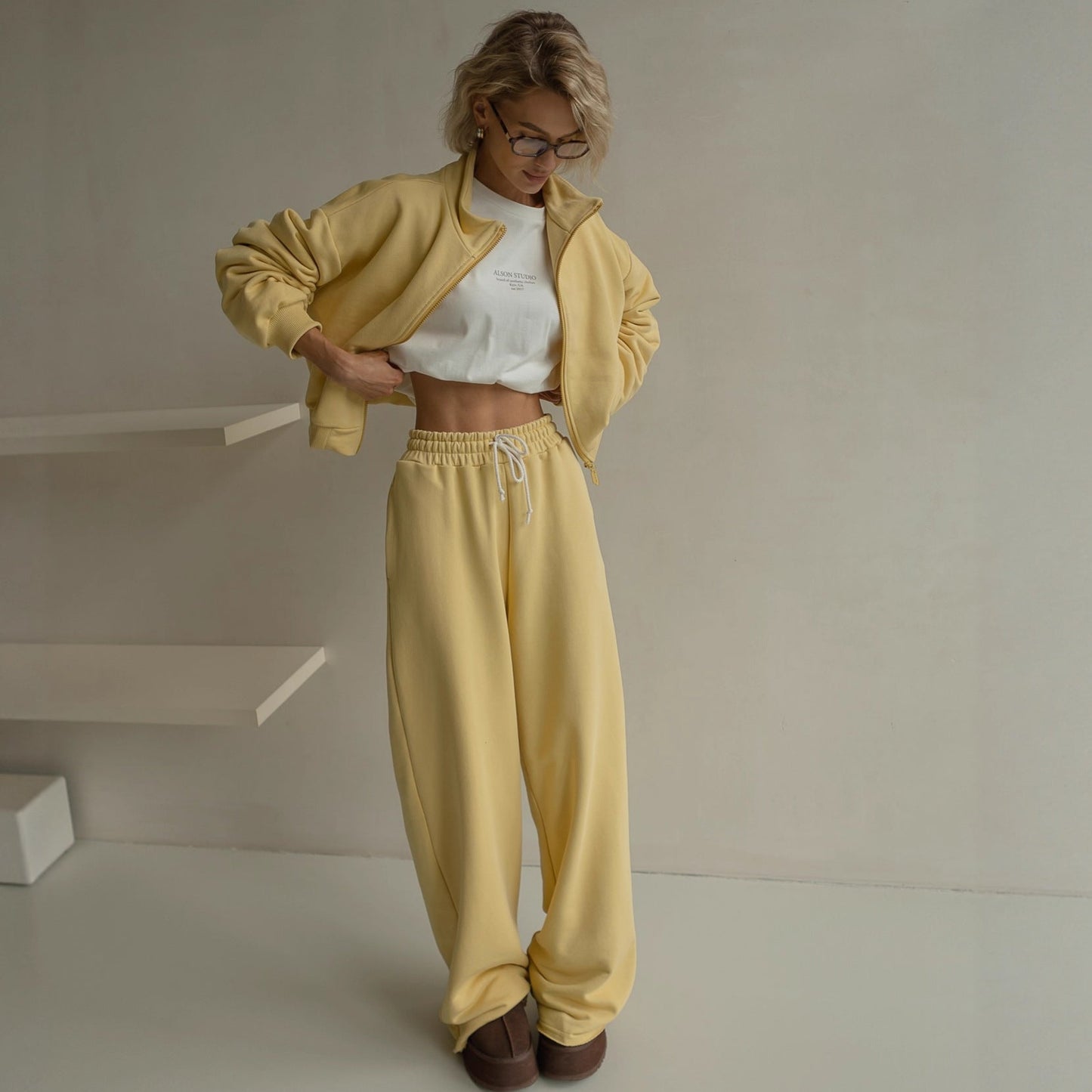 Damen Fleece Lounge Set Hochflexibel Grau Eveloria