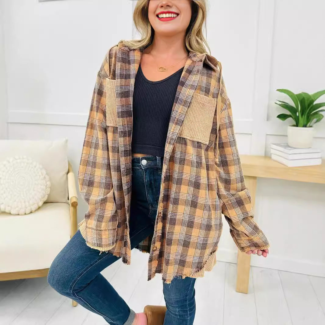 Damen Karo-Hemdjacke Oversized mit Fransen Details Braun