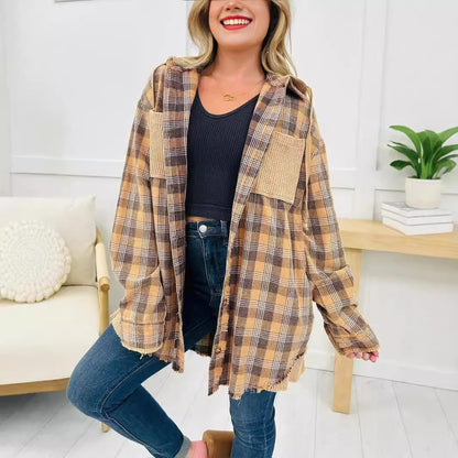 Damen Karo-Hemdjacke Oversized mit Fransen Details Braun