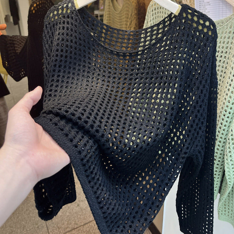 Damen Strickpullover Luftig Grobes Netzmuster Beige