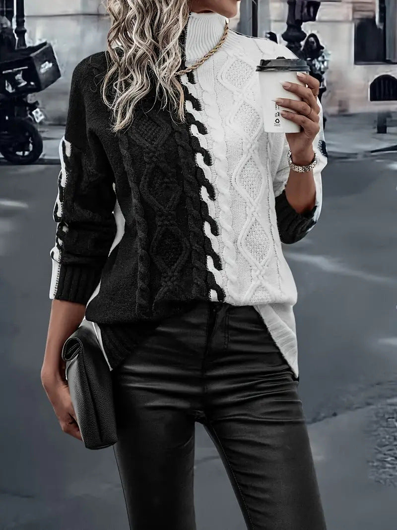 Damen Strickpullover Farbwechsel Zopfdesign