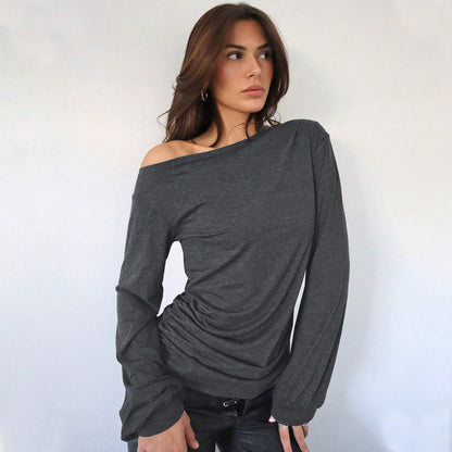 Damen Off-Shoulder Langarmshirt Rüschendetails Elegantes Design - Eveloria