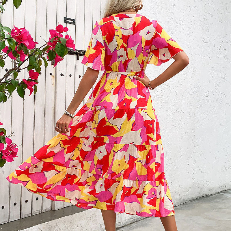 Damen Maxikleid Blumenmuster Knöpfe Rüschen Eveloria