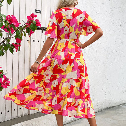 Damen Maxikleid Blumenmuster Knöpfe Rüschen Eveloria