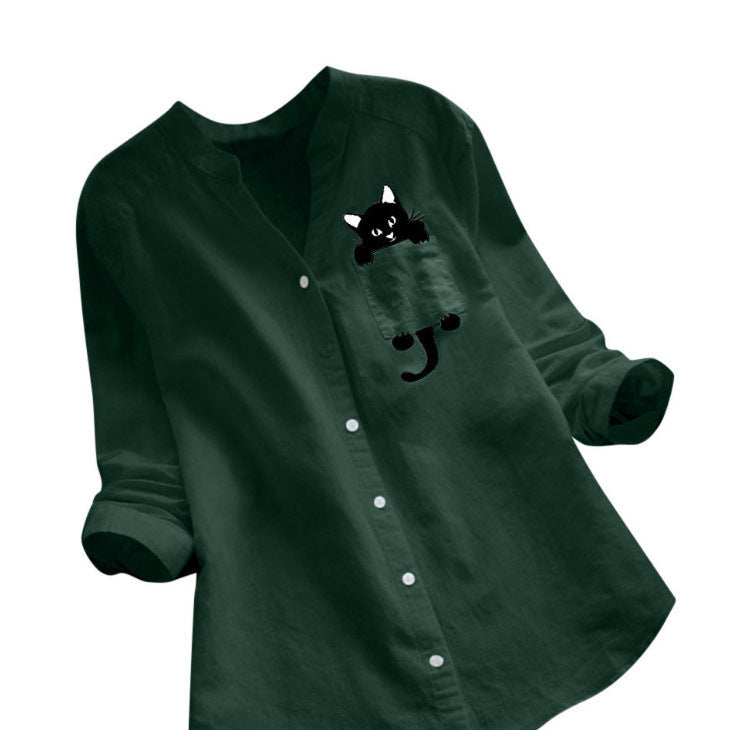 Damen Bluse mit Katzenmotiv Lustig Grün Eveloria