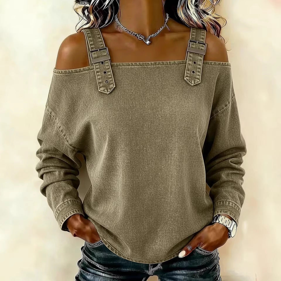 Damen Sweatshirt Lässig Dekorative Schulterdetails Grau Eveloria