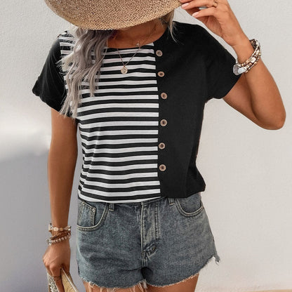 Damen T-Shirt Streifen Knopfdetails Weiß/