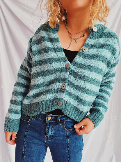 Damen Strickjacke Streifenmuster Knopfdetails Kuschelig Grau