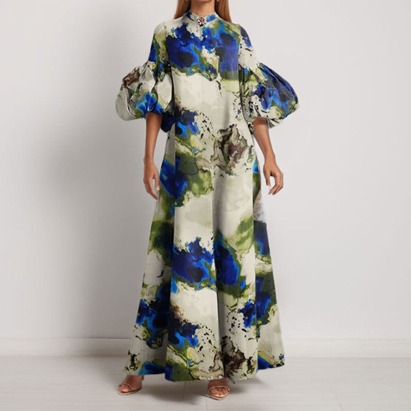 Damen Maxi-Kleid Volantärmel Abstrakt Muster