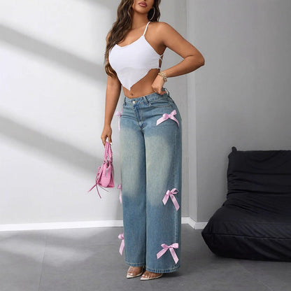 Damen High-Waist Jeans Weite Mit Schleifenapplikationen Eveloria