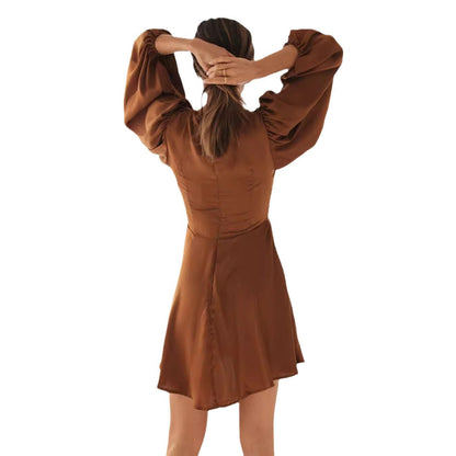 Damen Minikleid V-Ausschnitt Voluminöse Ärmel