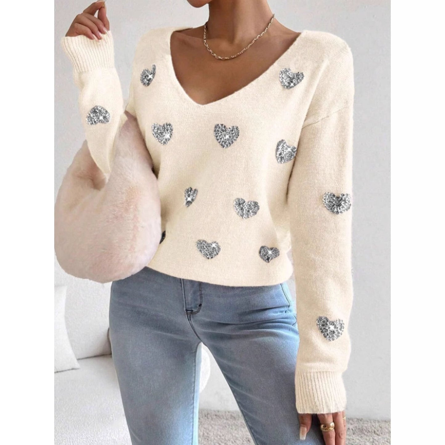 Damen Oversized Pullover V-Ausschnitt Herzmotiv