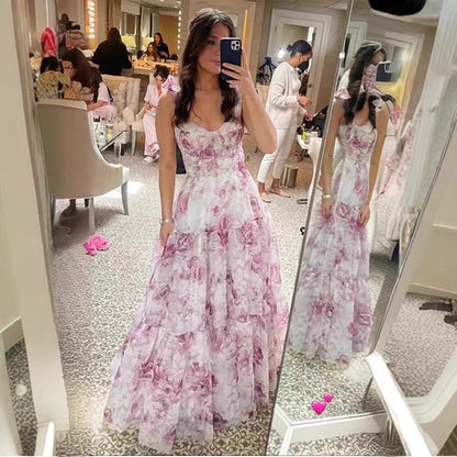 Damen Maxikleid mit Blumenmuster und Rüschen Trägern