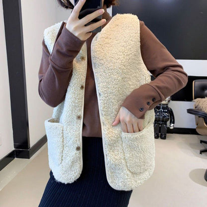 Damen Teddy-Fleeceweste mit Taschen und Knopfverschluss