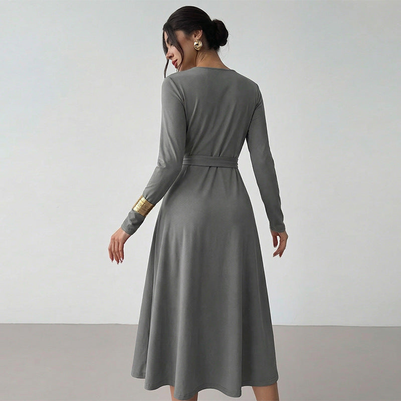 Damen Midikleid Tailliert Gürtel Langer Arm Eveloria