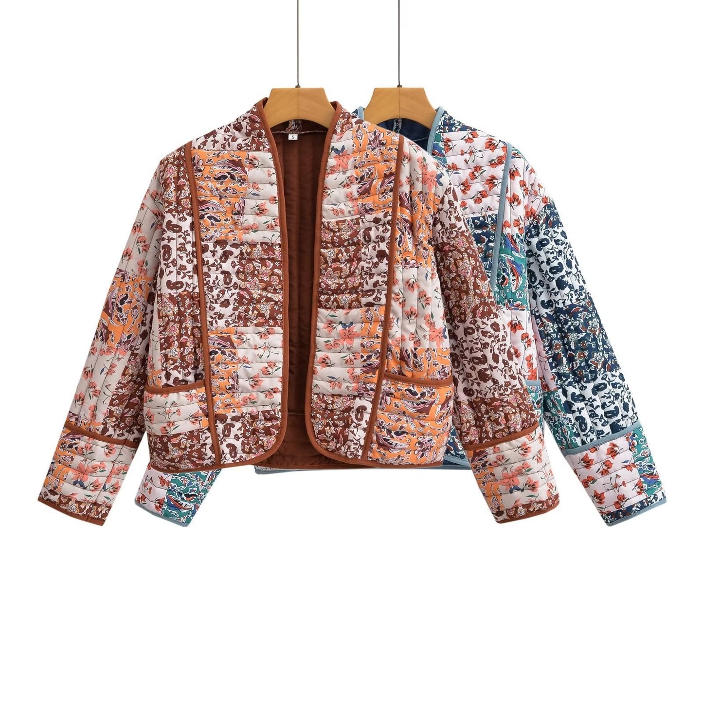 Damen Steppjacke Florales Design Kontrastdetails Schwarz - Eveloria