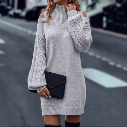 Damen Strickkleid Asymmetrisch Off-Shoulder Voluminöse Ärmel