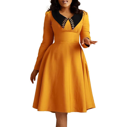 Damen Kleid Eleganter Kragen Voluminöser Rock