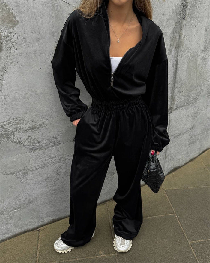 Damen Velours-Jumpsuit Hohler Kragen Locker
