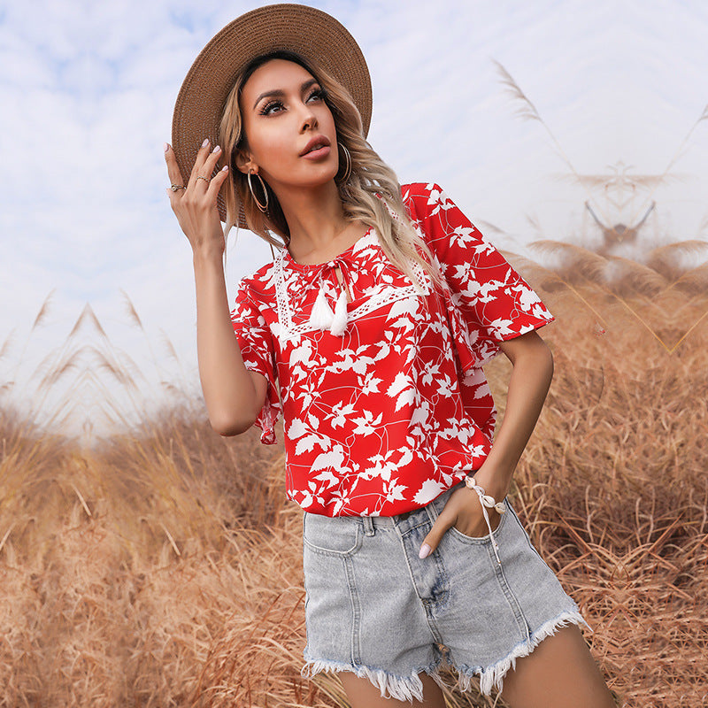 Damen Bluse Florales Muster V-Ausschnitt Elegante Bluse