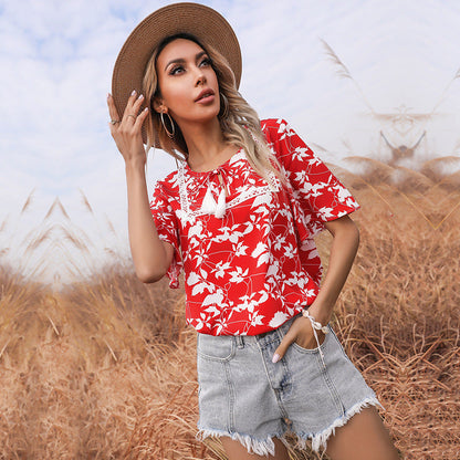 Damen Bluse Florales Muster V-Ausschnitt Elegante Bluse