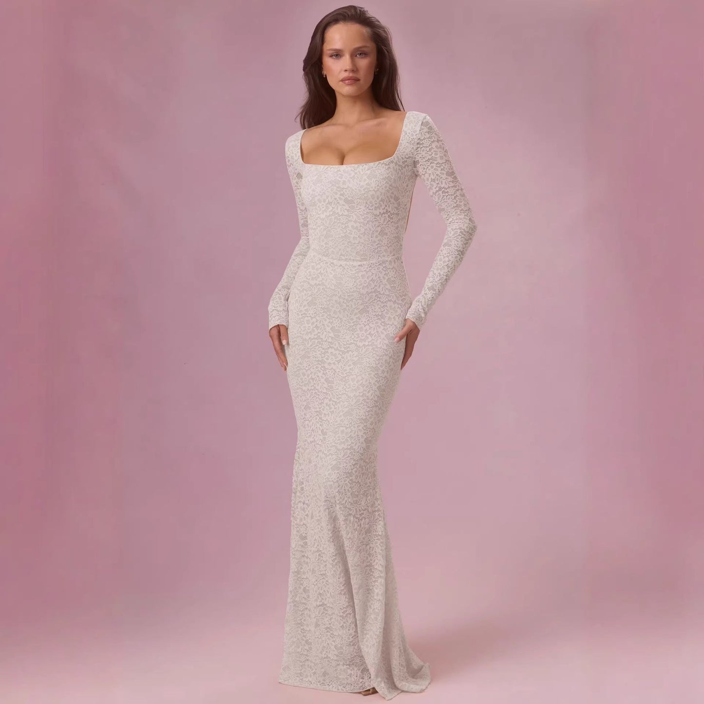 Damen Maxikleid Spitze Tailliert Langarm Eveloria
